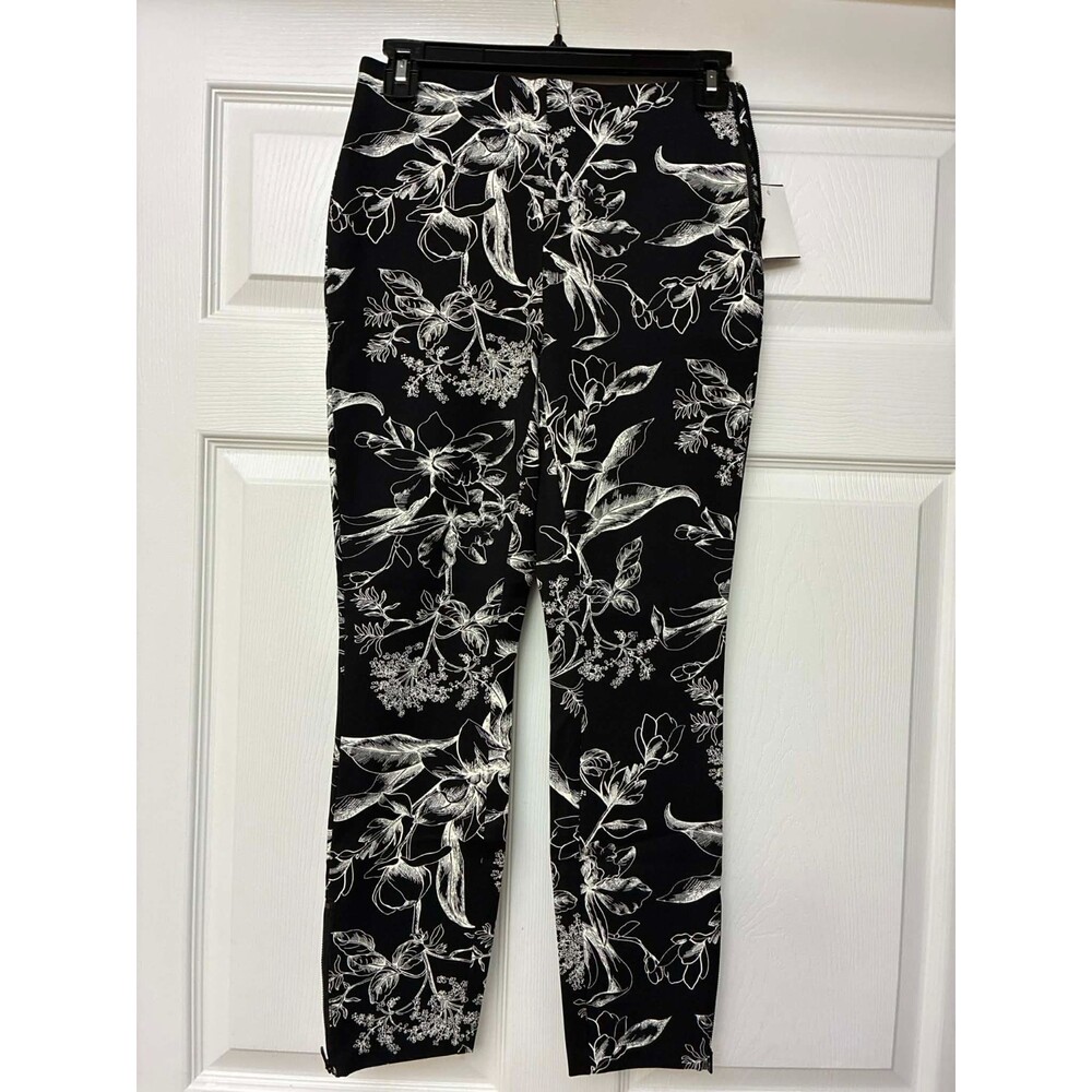 Women's Black White Floral Ankle Pants Zip Hem Stretch Slim Fit NWT